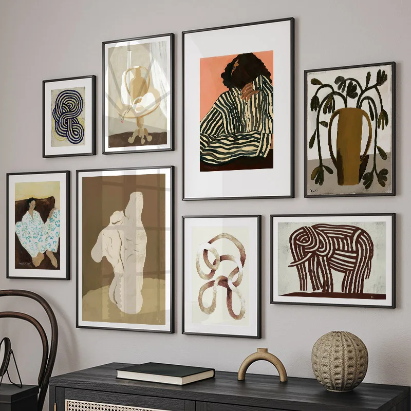 Abstract Pajama Woman Posters Geometric Lines Vase Canvas Painting Vintage Wall Art Mural Print Pictures Living Room Home Decor