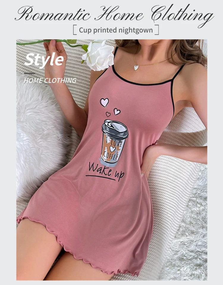 Damen-Sommer-Nachtwäsche, bedruckte Cartoon-Pyjamas, Träger-Nachtwäsche, lässiges und bequemes Hauskleid, Nachthemd. – Detail 1