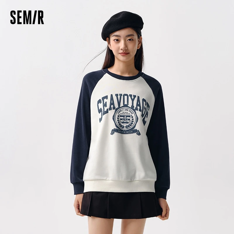 Semir Hoodie Women Mid-length and Long Loose Color-blocked Raglan-sleeved Spring Printed Top Vintage Trendy and Cool Style