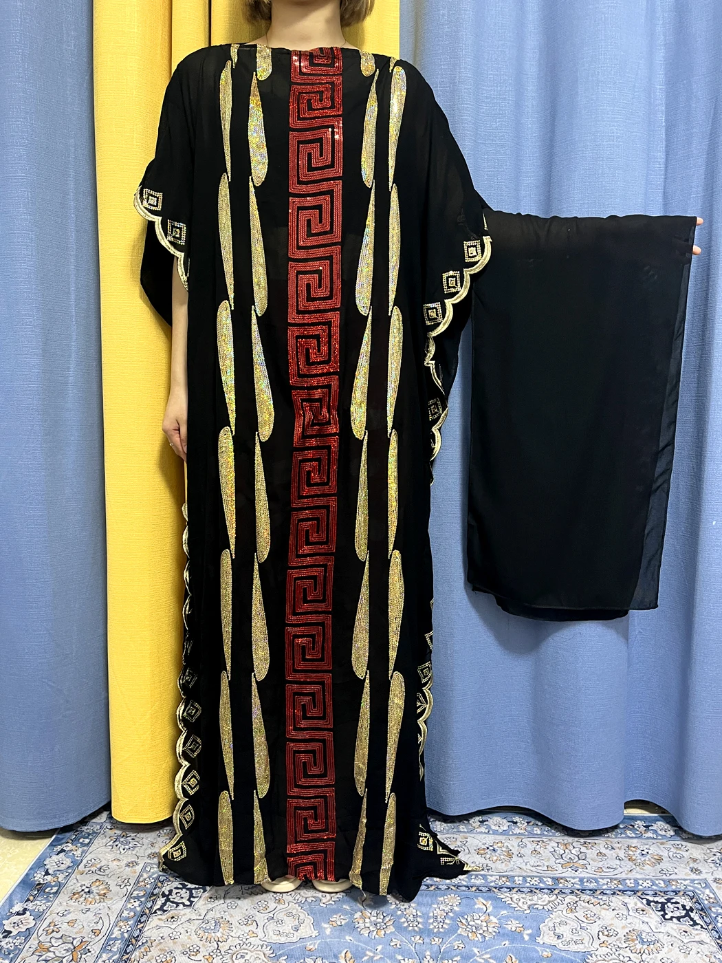 Abayas For Women Black Sequins Tulle Loose Robe African Woman Dresses Fashion Short Sleves Breathable Clothing With Headscarf