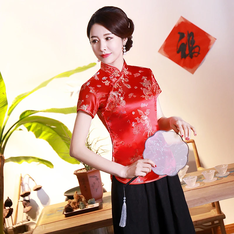 

Vintage Print Qipao Shirt Elegant Temperament Tang Top Chinese Bride Wedding Dress Mandarin Collar Cheongsam Traditional Costume