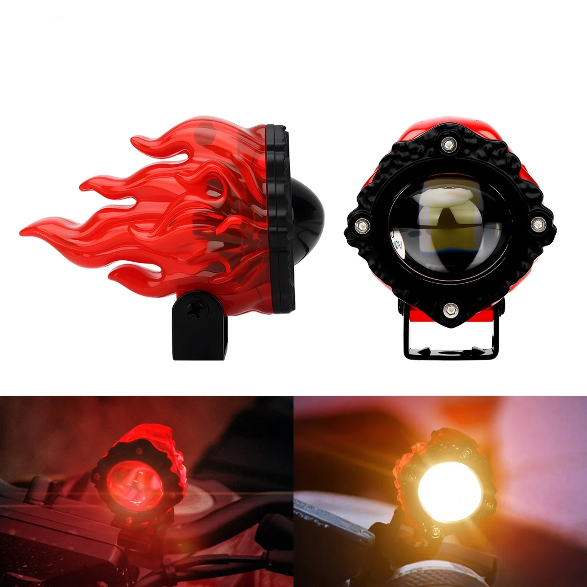 1/2X Motorcycle Fiery Demon LED Spotlight Dual Color White Yellow Hi Lo Beam Flash Headlight 12-80V Moto Auxiliary Modified Lamp
