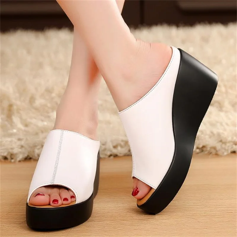 woman platform flip flops  new summer women genuine leather slipper high heel shoes women slippers big size 34 41