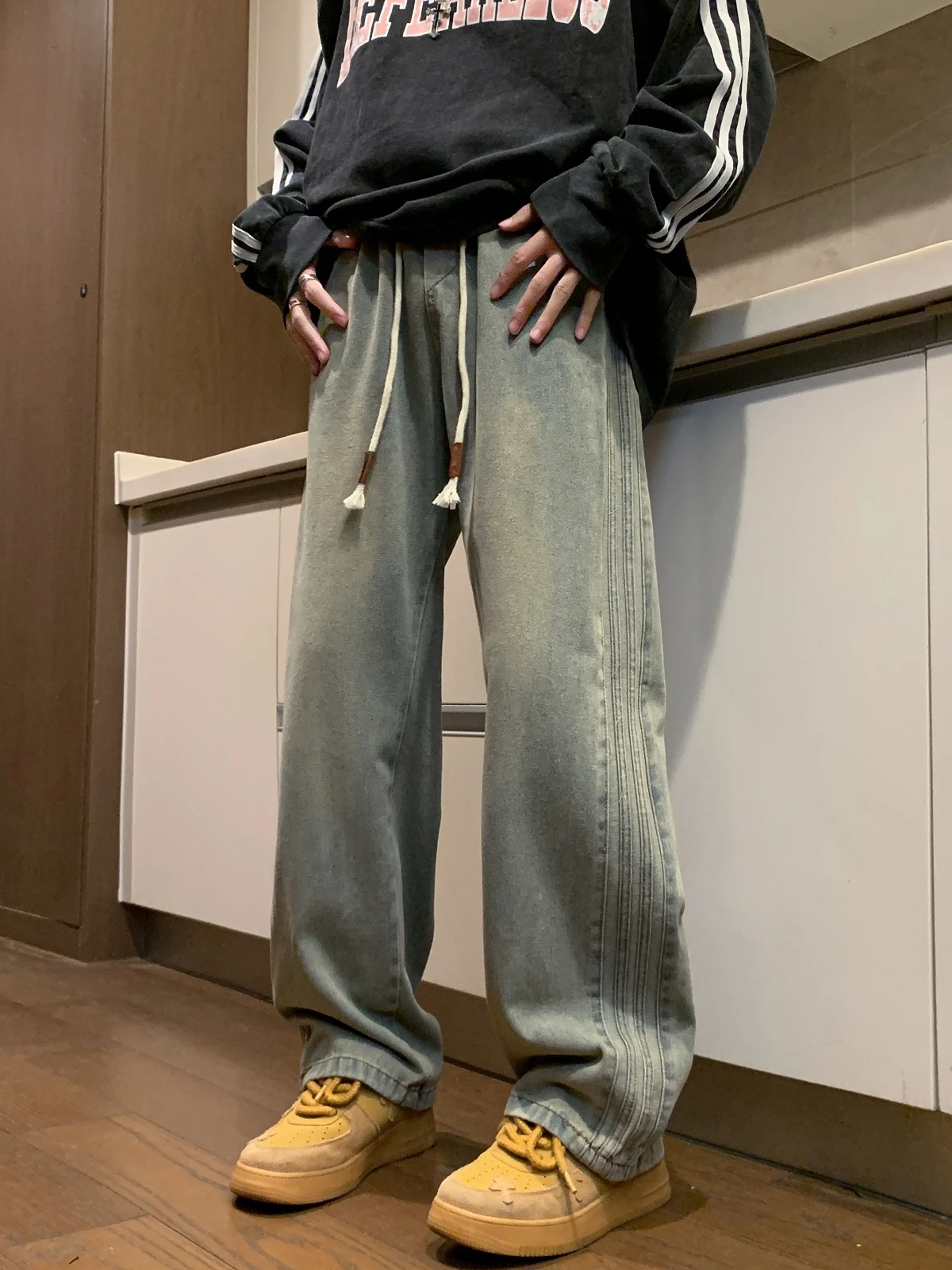 

Мужские джинсы в стиле ретро, свободные, прямого кроя, с эластичным поясом, широкие брюки, осенне-весенние, повседневные, молодежные, модные