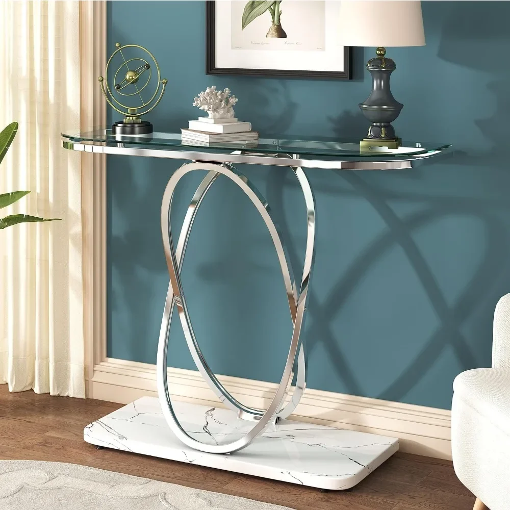 Modern Console Tables for Entryway,Glass Entrance Table with Oval Frames ,Glass Sofa Table Living Room,Silver Glass&White Marble