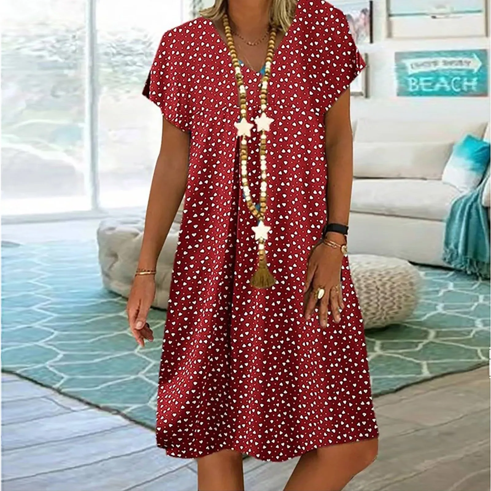 

Ladies Polka Dot Print Dress Summer Short Sleeve Tunic Vintage Bohemian Dresses Female A-Line Loose Casual Beach Party Vestidos