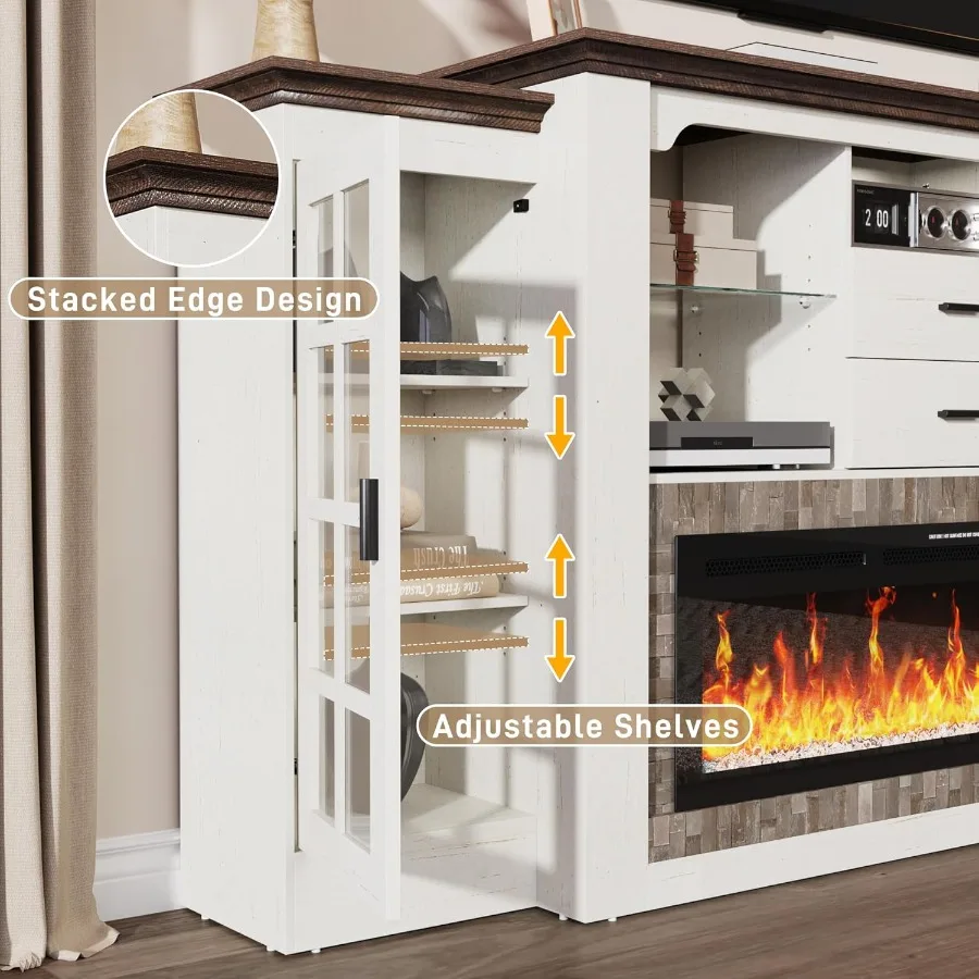 เตาผิงไฟฟ้า 85 นิ้ว พร้อมชั้นวางทีวีและชั้นวางของ  พร้อมเตาผิงไฟฟ้า 42 นิ้ว สำหรับทีวี 65 นิ้ว พร้อมเต้ารับไฟฟ้าในตัว สไตล์ฟาร์มเฮาส์