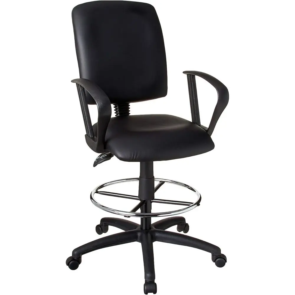 Ergonomic Leather Drafting Chair: 48 High, 27 Wide, 35.5 Deep, Black, Adjustable Height, Loop Arms, Chrome Foot Ring, Nylon Base