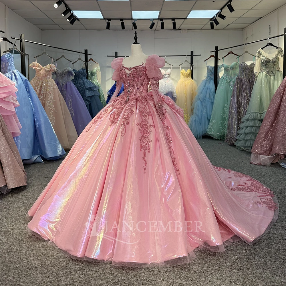 Abito da ballo principessa Abito Quinceanera con paillettes in raso scintillante Vestido De 15 Anos Maniche lunghe personalizzate Abiti da festa dolci 16