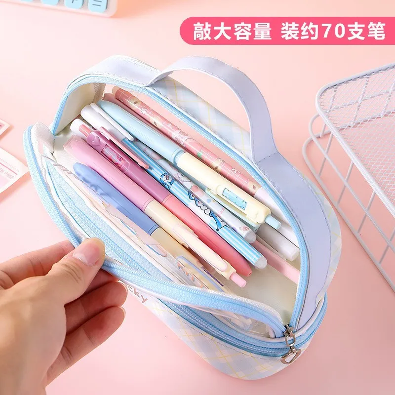 Niedrigstes transparentes Cartoon-Federmäppchen, doppellagiges Design, ideal für Schreibwaren und Make-up von Schulmädchen