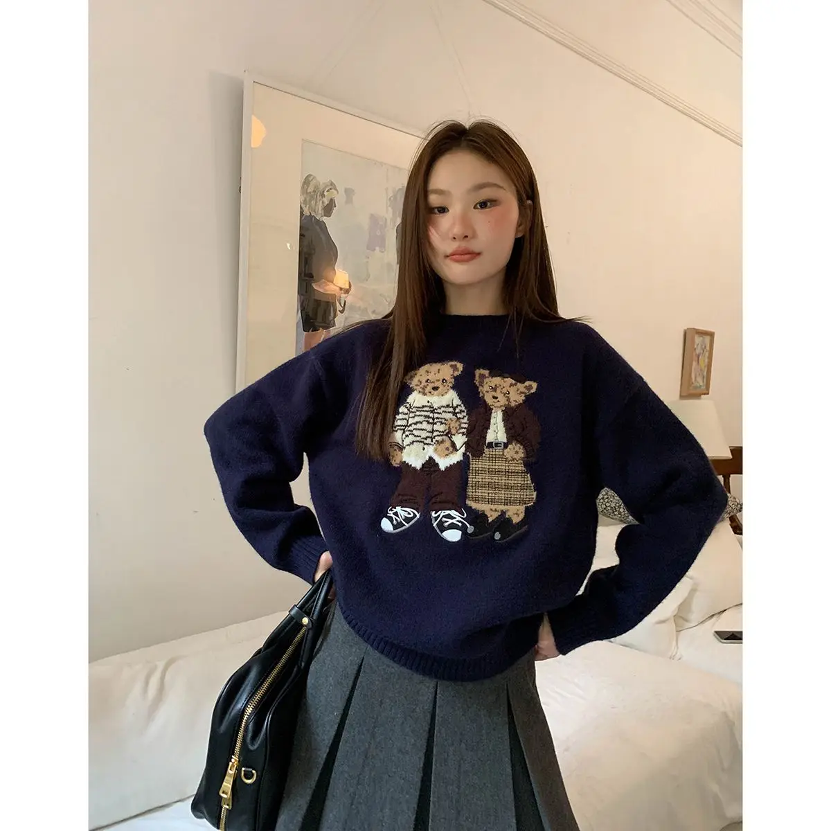 Moda adorável feminina dos desenhos animados jacquard camisola solta retro jumper inverno outono bonito urso padrão suéteres pulôver coreano na moda