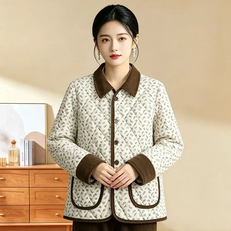 Fleece Lining Cotton Coat Women Winter Warm Parkas Top Vintage Floral Print Jacket Single-breasted Outerwear Harajuku Jackets