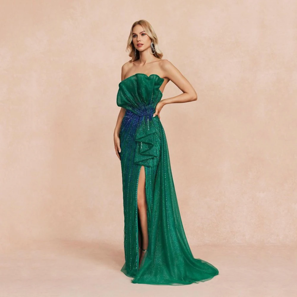 Personalizado verde sem alças sexy sem costas jérsei vestidos de noite lantejoulas e miçangas até o chão dividir sem mangas pageant vestidos