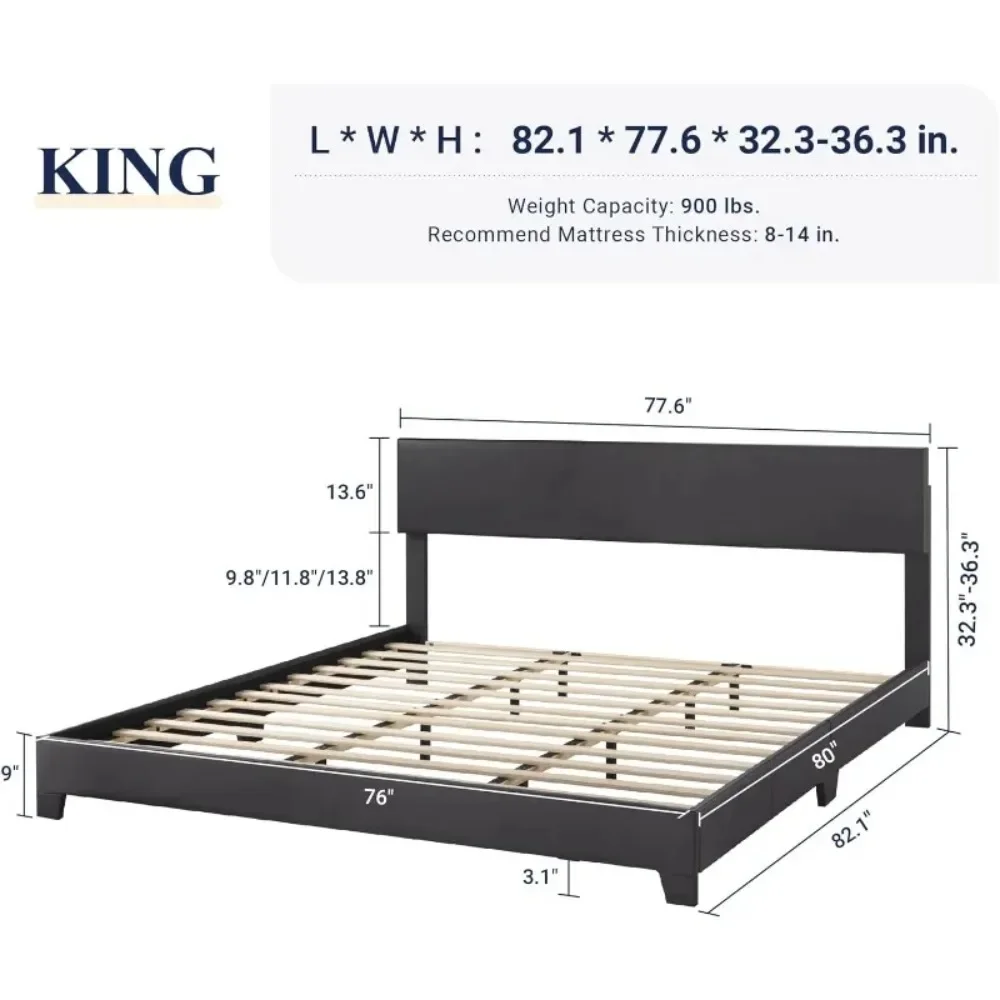 King size bed frame with adjustable headboard, faux leather platform bed with wood slats, heavy-duty mattress base, black