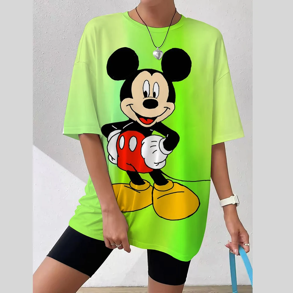 تي شيرت نسائي ديزني ميكي ماوس ثلاثية الأبعاد طباعة جديدة الخامس الرقبة قصيرة الأكمام الصيف ملابس نسائية غير رسمية Harajuku Y2K الهيب هوب الملبس