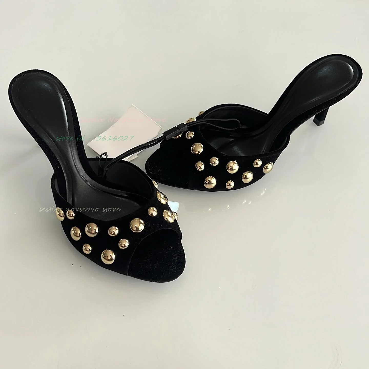 Studded Peep Toe Mules Stiletto Slip On Gold Rivets Decor Classic Sexy Women Summer Sandals Dress Party Daily Casual Single Shoe