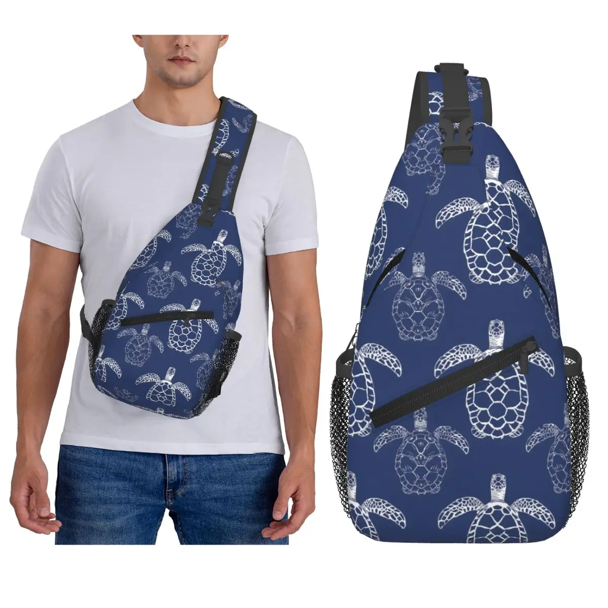 Sea Turtle White Lines Blue Background Chest Bag Men Sling Crossbody Backpack Chest Bag Traveling Hiking Daypack Shoulder Bag
