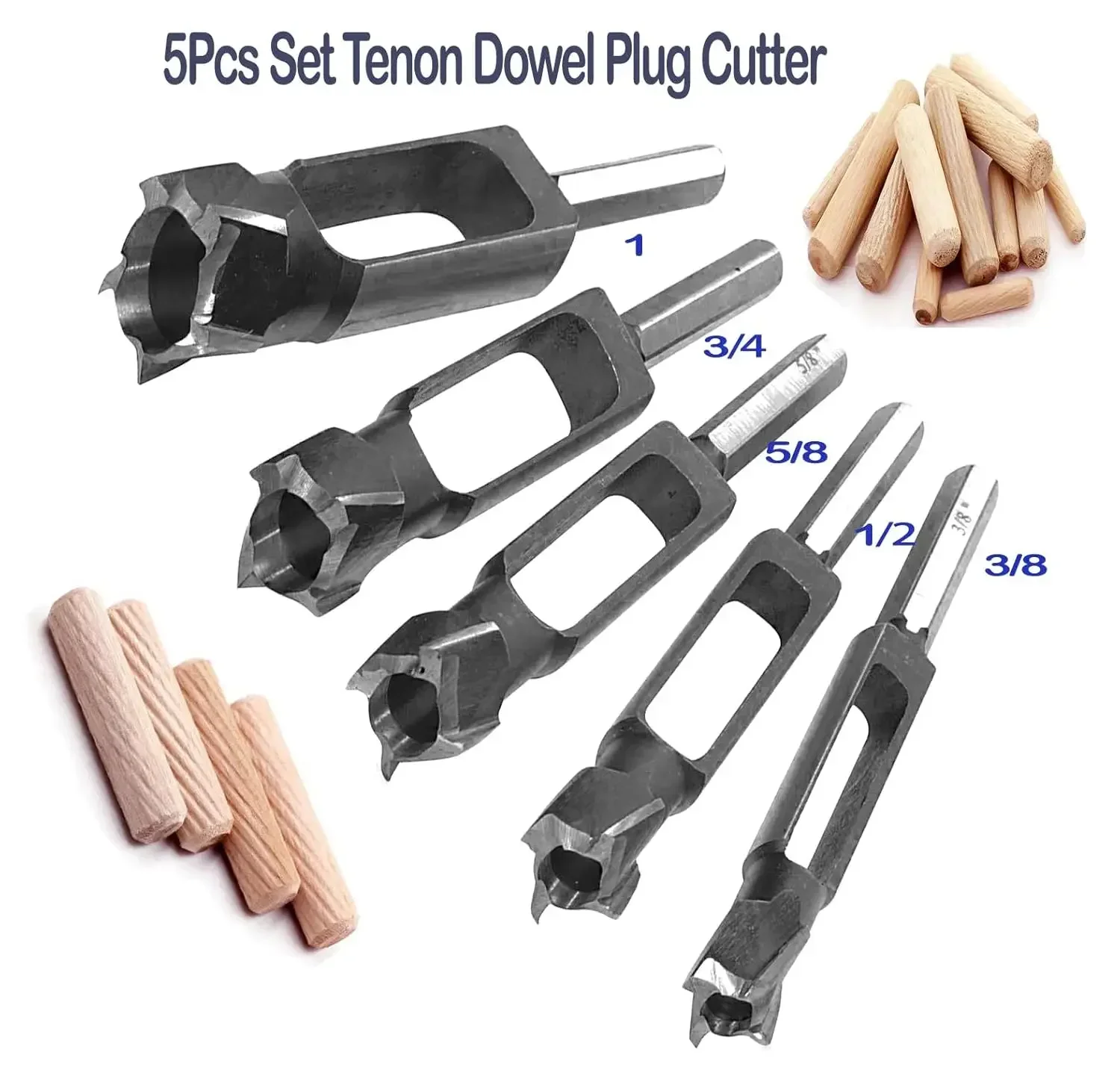 Tenon Dowel Plug Cutter 5Pcs Set Tenon Cutter Plug Maker Woodworking Drill Bit