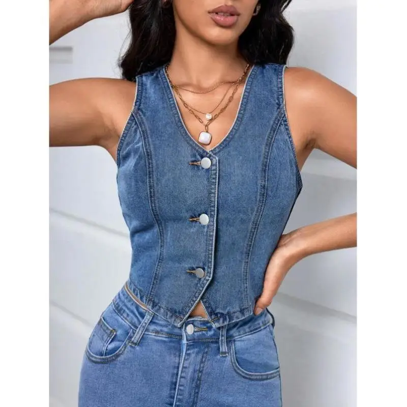 

Женский повседневный летний жилет на пуговицах спереди, джинсовый тюнер, свободный крой, на подкладке с V-образным вырезом, длина Seven Sve, длинное пальто