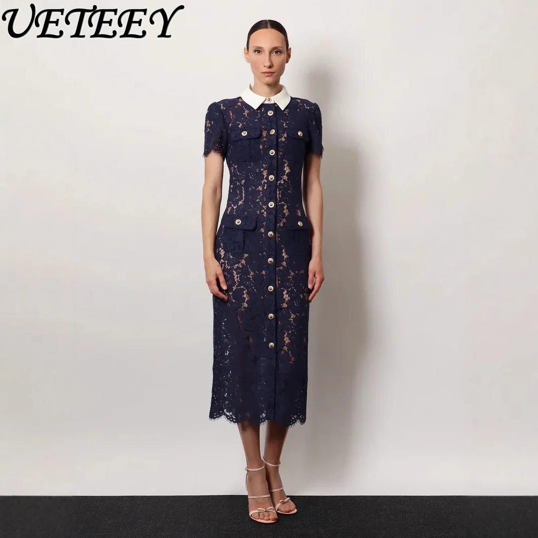 

2024, весна-лето, однобортное платье средней длины с отложным воротником и короткими рукавами, элегантное тонкое ажурное платье с высокой талией