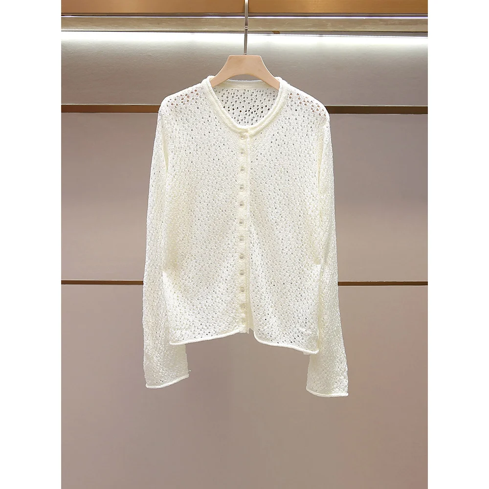 

High-End Knitted Sweater Single Button Hollow Long Sleeve round Neck Small Fragrance Spring New Style Women's Premium Fashion