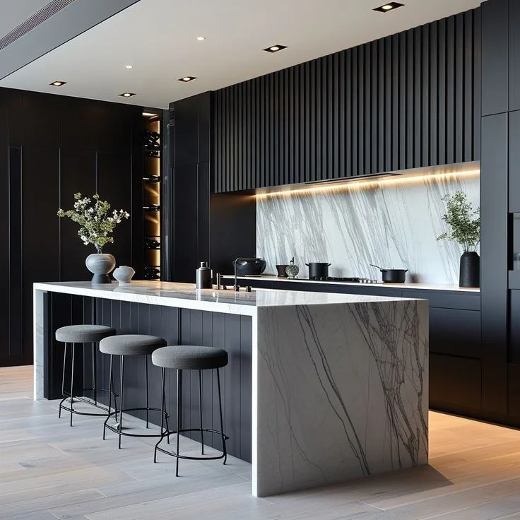 Diseño de Gabinetes de Cocina Modernos en Negro Mate, Resistentes al Agua, con Tablero Egger, Isla Personalizada, Gabinetes de Cocina de PVC