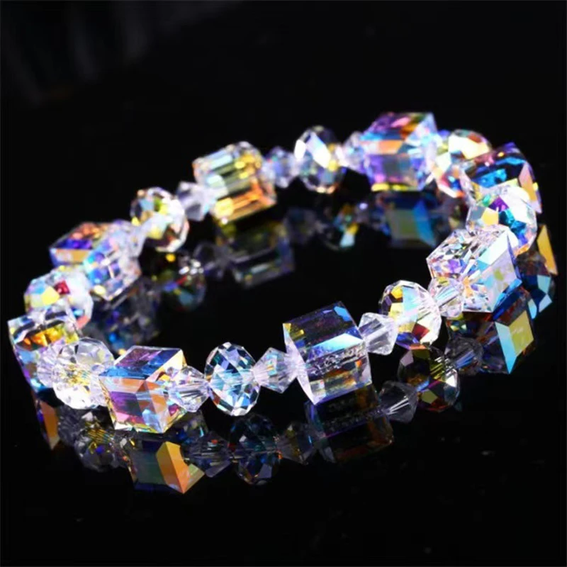 Exquisite 8MM Sugar Shaped Transparent Colorful Crystal Bracelet  for Women Bungee Cord Adjustable Anniversary Jewelry Gift