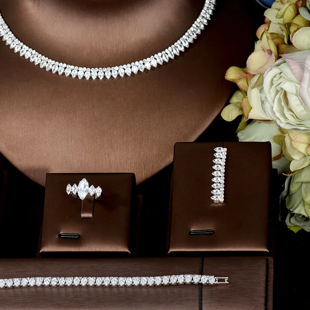 High Quality Cubic Zirconia Bridal Jewelry Sets Fashion Water Drop Necklace Lady Pendant 4Piece Set Wedding Party S-347