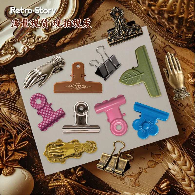 10Pcs Vintage Clip Themed Stickers, Retro Stationery Design, Artistic Journal Decals