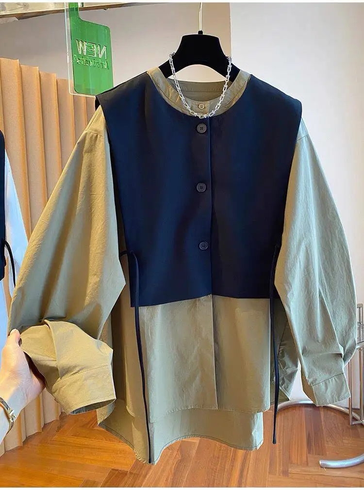 

Модная повседневная свободная рубашка унисекс с эффектом двухслойности, дышащая, весна-лето-осень, с длинным рукавом, круглым вырезом, на пуговицах.