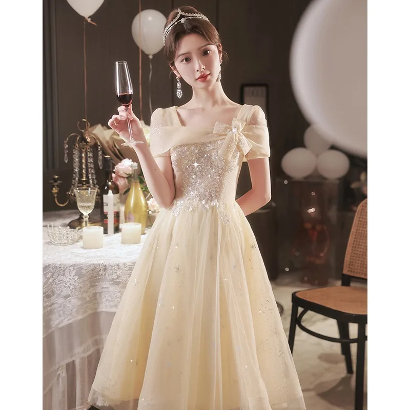 

Princess Champagne Tulle Evening Dresses Vestidos De Gala A-Line Train Prom Dresses