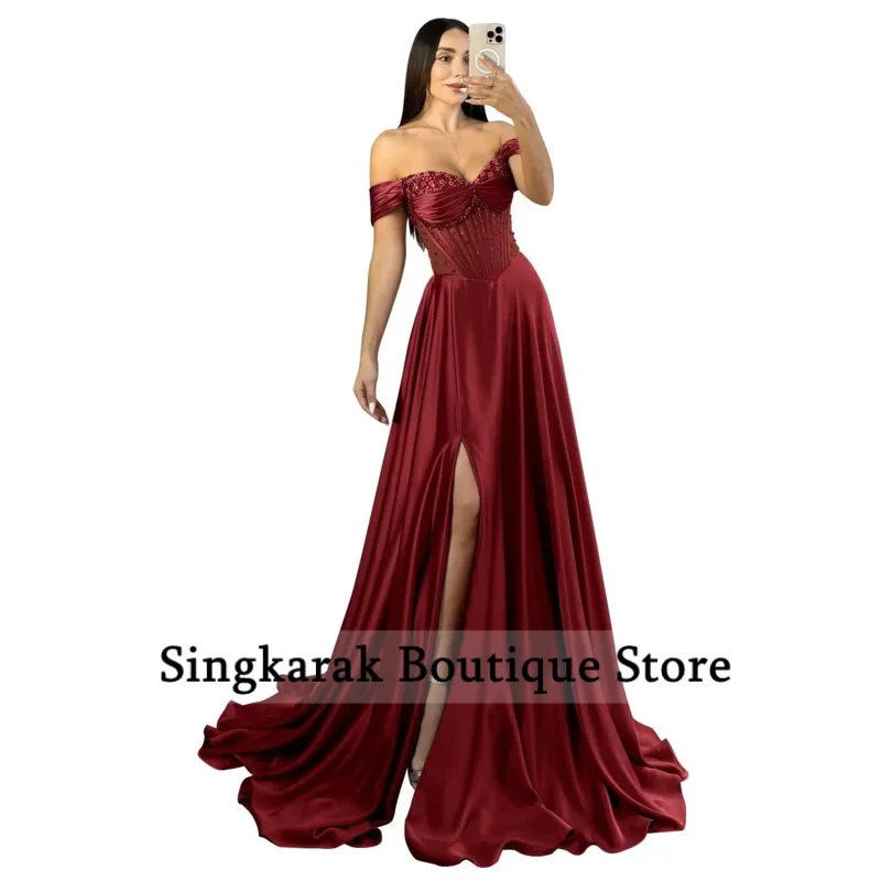 Prom Dresses for Women Beaded Sparkly Satin Formal Dress with Slit Off Shoulder