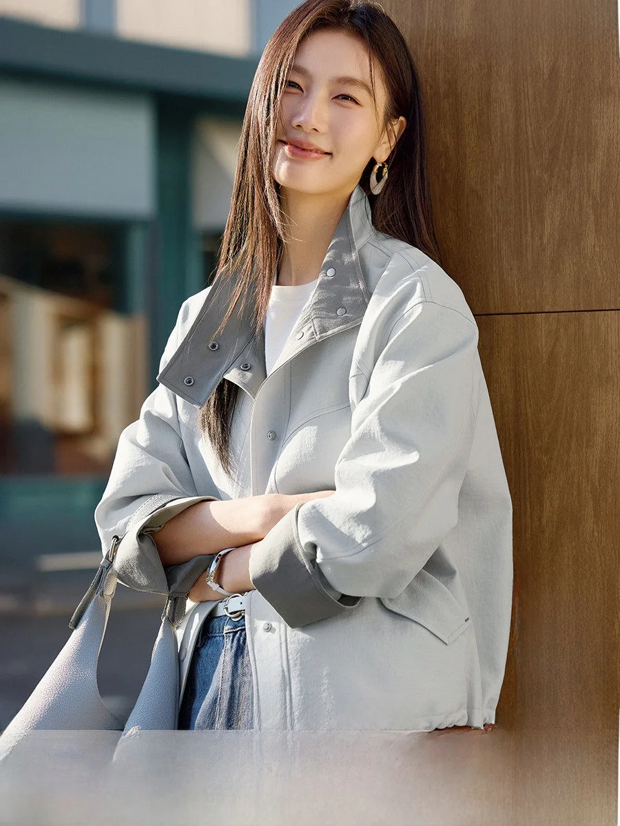 

Adjustable Dstring Hem Workwear Sle Stand Collar ort Jaet for Women Spring Season Light Color Match Top Polyester Fiber