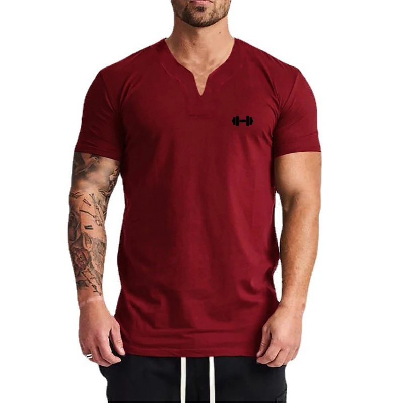 Palestra Fitness Corsa Scollo a V Manica corta Abbigliamento Estate Cotone Bodybuilding Camicie sportive Uomo Allenamento Muscolare T-shirt traspiranti