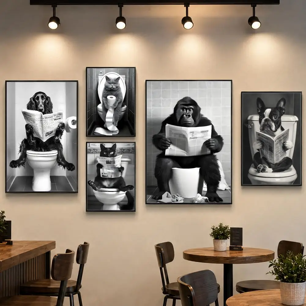 Funny Black Animal on Toilet Poster PP Paper Wall Art for Living Rooms Bars Cafes Stylish Home Decor Gift