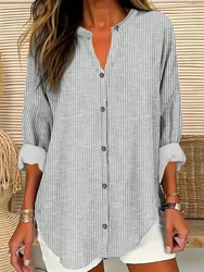 Women‘s Plus Size 1XL-XL Women Casual Long Sleeve Striped Buckle Loose Blouse Ladies Fashion Loose Striped Shirt