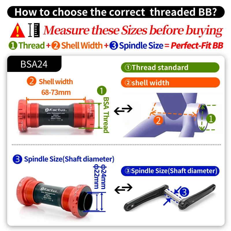 KACTUS Bicycle Bottom Bracket BSA Thread Kit Road MTB Bike Frame 68/73 Axis 24/22 and 29/30mm Fit for Shimano/SRAM GXP Crankset - view 6