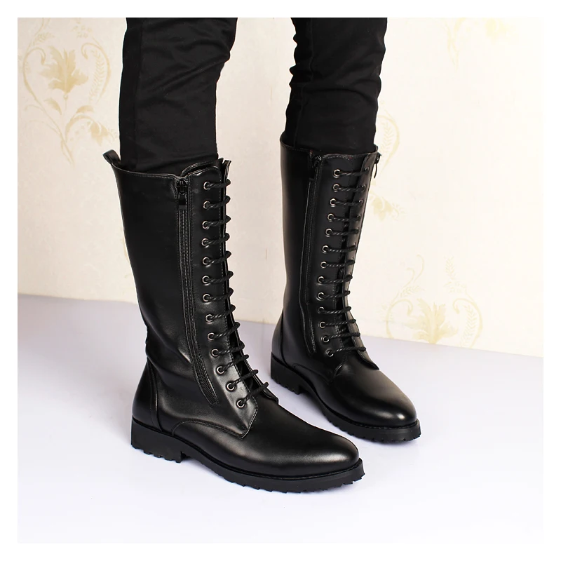 mens luxury fashion genuine leather boots black autumn winter shoes lace up high boot punk motorcycle long botas masculinas mans