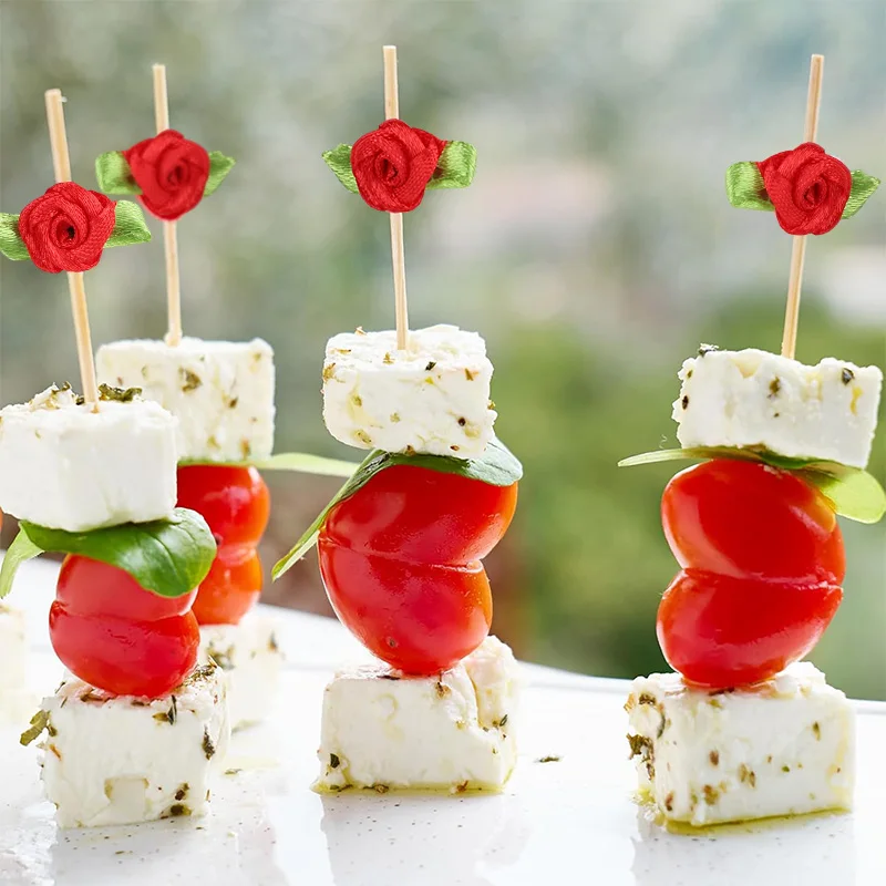 

100pcs Rose Bamboo Sticks Red Blue Pink White Flower With Leaves Fruit Fork Cocktail Stirrers Birthday Wedding Party Decoration