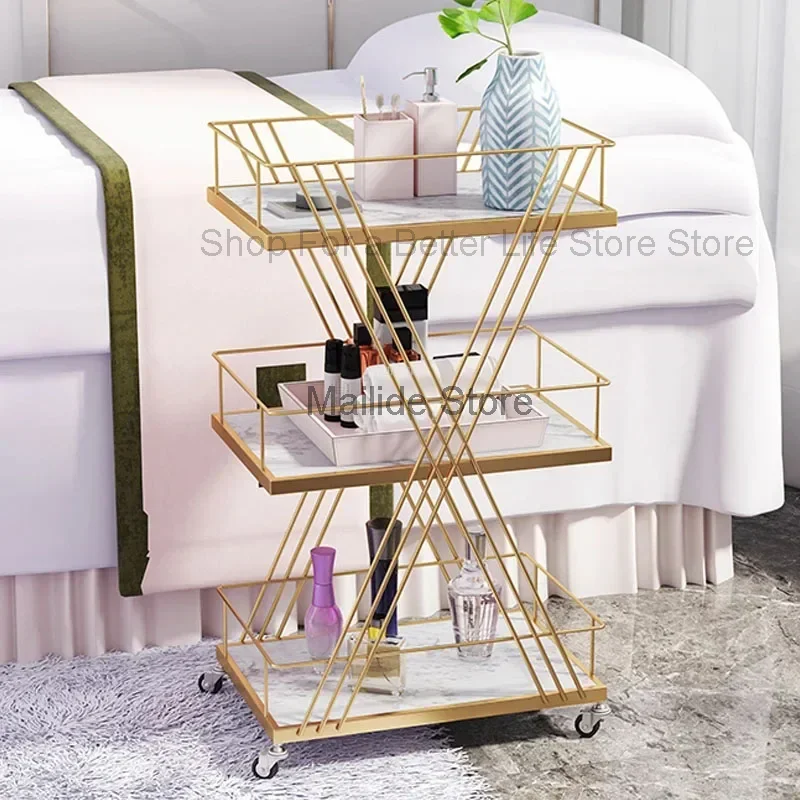 Iron Art Salon Trolleys Light Luxury Golden Rack Modern Salon Furniture Beauty Salon Trolley with Wheels Home Multi-layer Rack