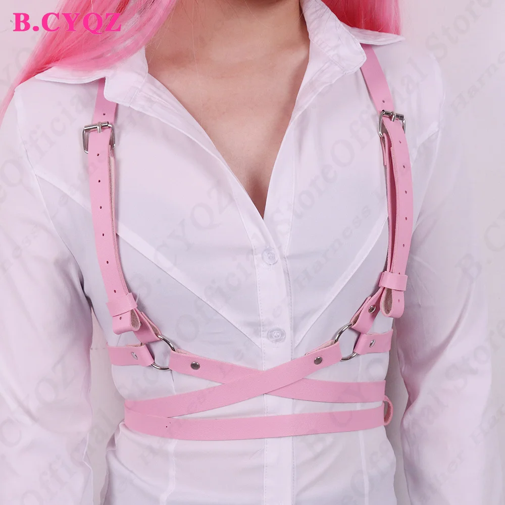 Sexy Pink PU Leather Harness Belt Fashion Chest Harness Bondage Suspenders Women Goth Lingerie Fetish Clothing Rave Accessories