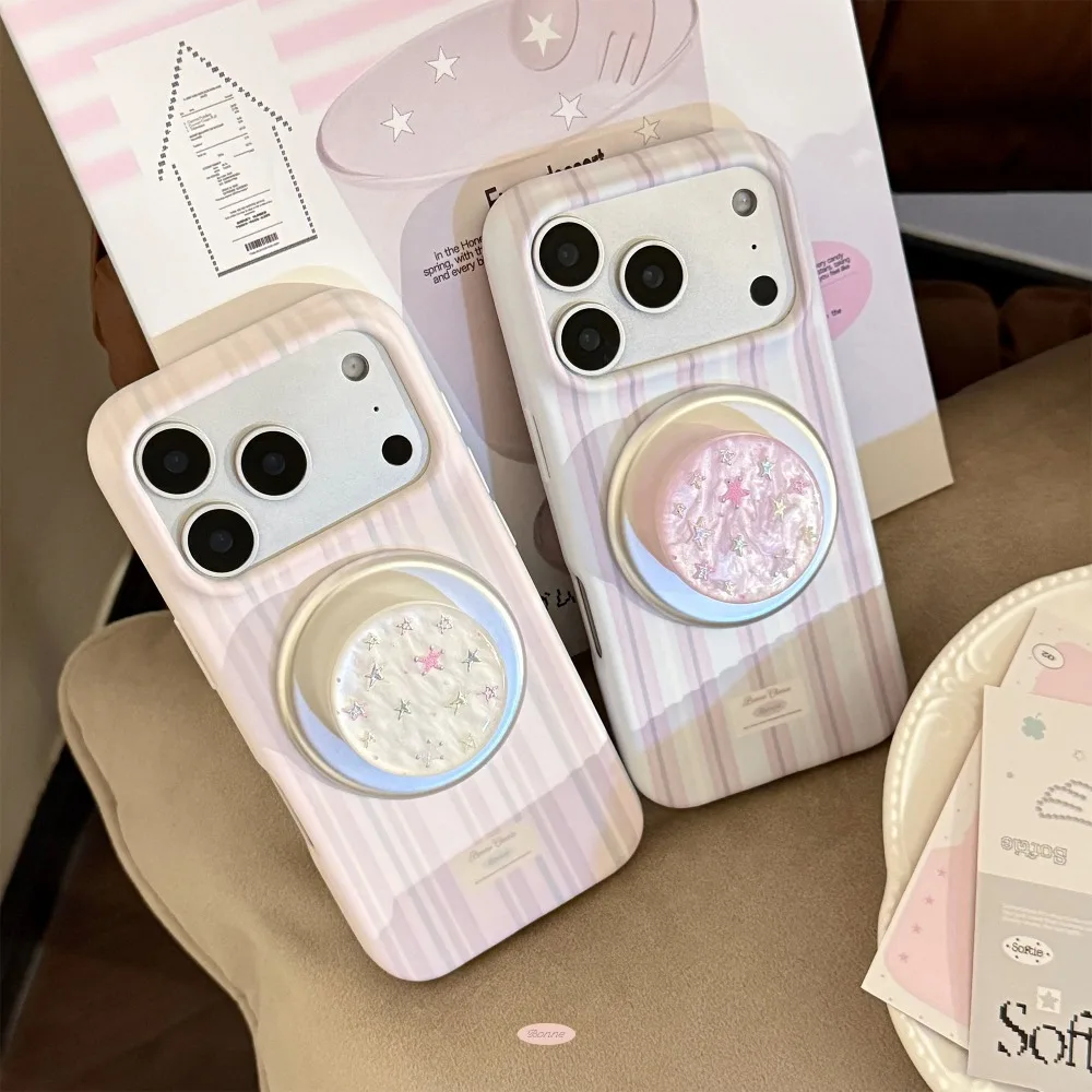 Coque de téléphone magnétique rayée rose et violette pour iPhone 18 17 16 15 14 Pro Max avec support pliable magnétique étoile nacre
