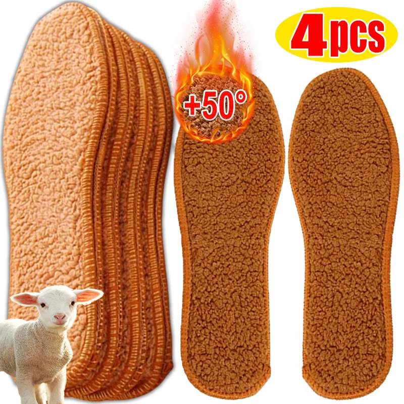 Semelles intérieures thermiques en laine d'alpaga pour hommes et femmes, coussin chauffant pour chaussures, bottes de neige respirantes, peluche douce, chaud, épais, pied, hiver, 2 pièces, 4 pièces