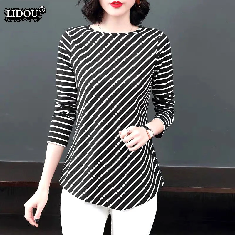 

Office Lady Skinny Striped O-neck Long Sleeved T-shirts Fashion New Spring Autumn Women's Clothing Comfortable Popularity Tops