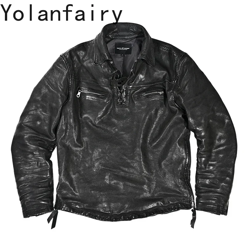 YOLANFAIRY Men's Leather Jacket Men Vintage Trend Vegetable-tanned Top Layer Sheepskin Coat Man Pullover Real Leather Jacket