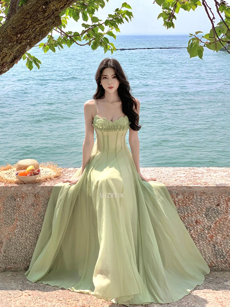 

Summer Green Sexy Sleeveless Ruffles Pleated Beach Photograph Vacation Dress Women Purple Elegant Party Evening Long Dress Chic