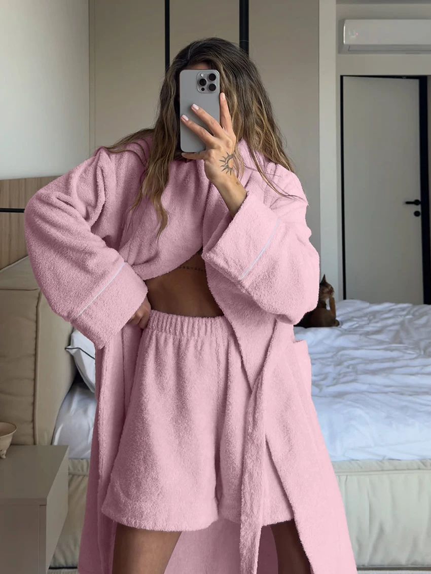 

Marthaqiqi Velvet Ladies Pajama Set Long Sleeve Robe Lace Up Sleepwear Sexy V-Neck Nightgown Shorts Casual Female Nightwear Suit