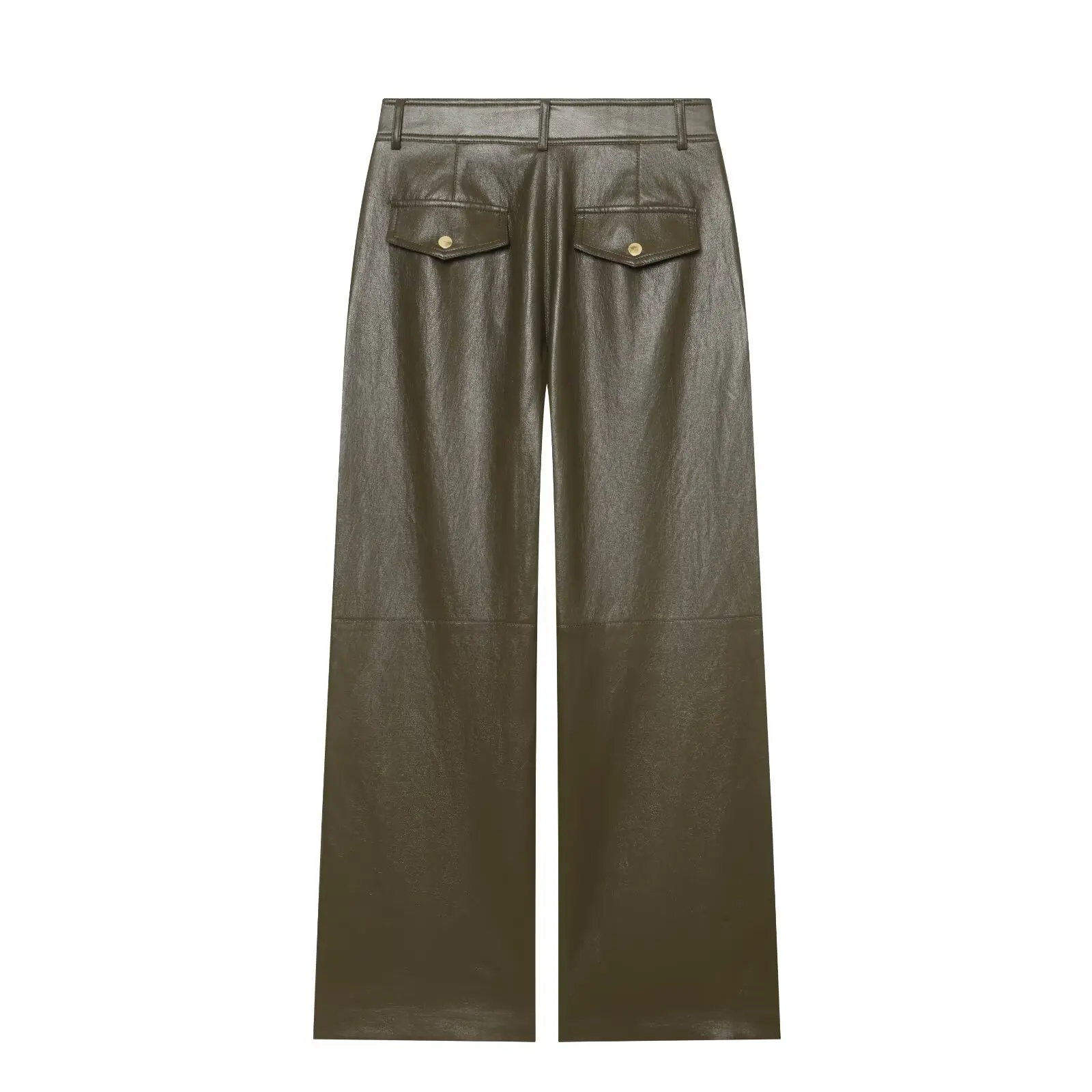 2026 Autumn Winter Women's Elegant High Street Faux Leather Straight Leg Trousers Lady Vintage PU Zip-fly Button Pockets Pants