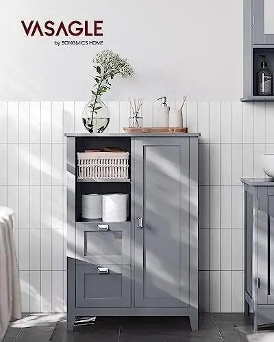 

Bathroom Floor Cabinet, Bathroom Cabinet Freestanding, Kitchen Cabinet, with Open Compartment, 2 Drawers, Adjustable Shelves, 1