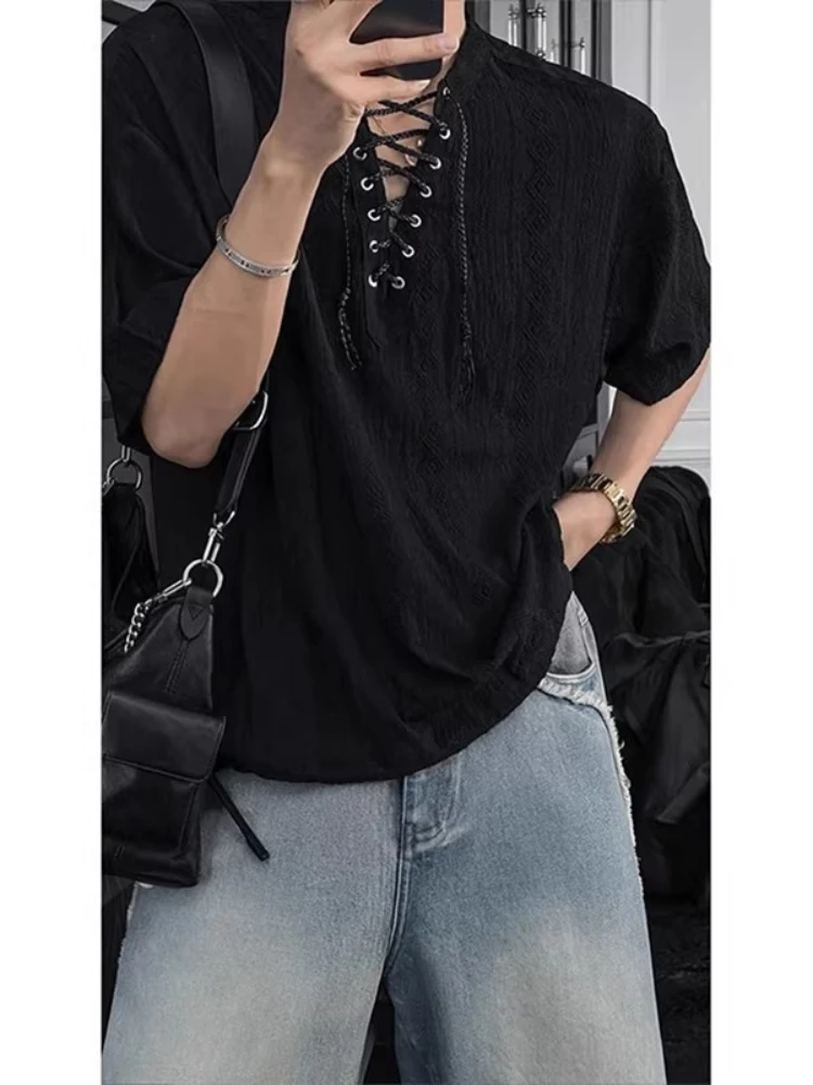 

Мужская футболка с V-образным вырезом и шнуровкой, свободного кроя, летняя, модная, стильная, универсальная, в стиле поло, с коротким рукавом, повседневный топ